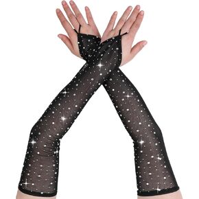 Fingerless Rhinestone Long Gloves, Sparkly Rhinestone Long Mesh Gloves Elbow Length Longs Tulle Mesh Glove in Saudi Arabia