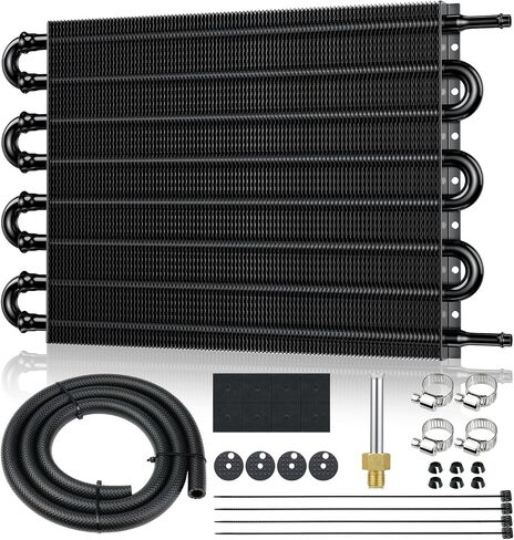 Universal 5/16" Transmission Oil Cooler Kit, Aluminium alloy 8 Pass Tube and Fin Oil Cooler Kit with Hose Mounting Kit, Black in Saudi Arabia