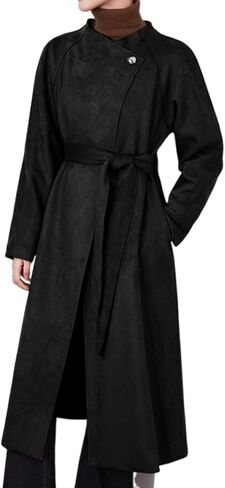 utcoco Womens Faux Suede Long Trench Coat Open Front Leather Trench Overcoat with Belt in Saudi Arabia