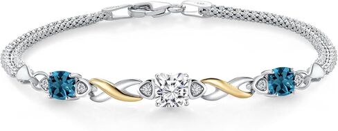 Gem Stone King 925 Silver and 10K Yellow Gold Moissanite and London Blue Topaz and Lab Grown Diamond Bracelet For Women (2.51 Cttw, Cushion 6MM, 6.5/7/7.5 Inch, Made in Italy) in Saudi Arabia