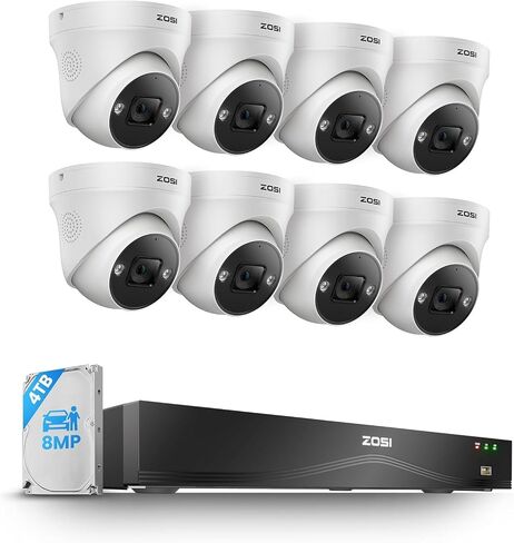 ZOSI 4K PoE إضافة على الكاميرا، اكتشاف مركبة الشخص، رؤية ليلية ملونة، صفارات الإنذار الصوت والضوء، صوت في اتجاهين، كاميرا قبة أمنية منزلية بدقة 8 ميجابكسل للأماكن الخارجية والداخلية، تعمل فقط 4K PoE NVR in Kuwait
