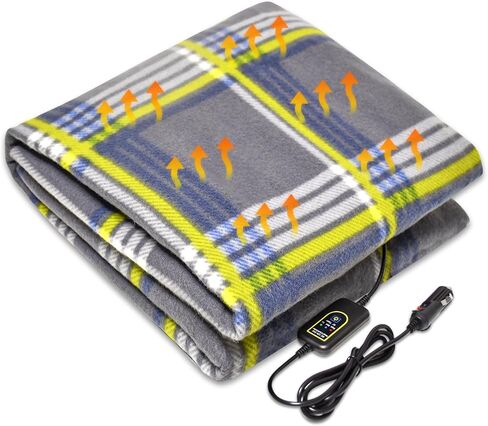 12V Electric Heated Blanket for Cars – Plaid Fleece with Timer & Heat Control, Faux Sherpa Lining (Nude Plaid) in Saudi Arabia