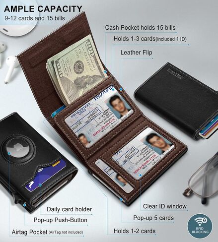 Airtag Wallet for Men,with Cash Pocket 2 ID Window 9-12 Cards,Metal Case Smart Slim Pop Up Credit Card Holder Flip with Magnetic Closure RFID Blocking Trifold wallet with Gift Box in Saudi Arabia
