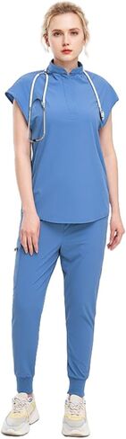 Women's Scrubs Set:Slim Fit Jogger Pant and Mandarin Collar Tuck-in Top,Unisex Easy Care Uniform for Doctors,Nurses in Kuwait