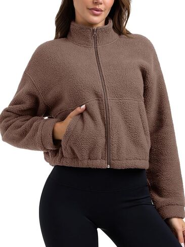 PINKMSTYLE Women Zip Up Fleece Sherpa Jacket Coat - Winter Warm Trendy Cropped Sweatshirt for Casual,Workout in Saudi Arabia