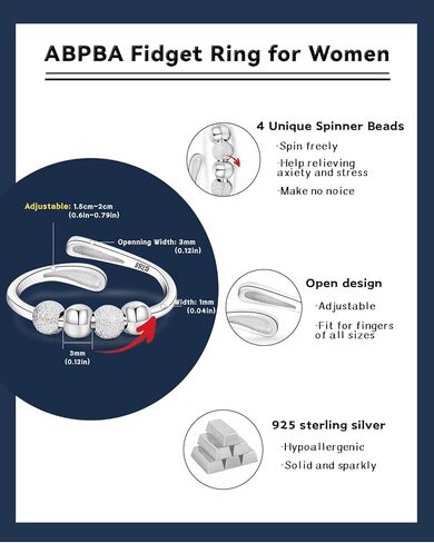 Anxiety Rings for Women 925 Sterling Silver Fidget Ring Adjustable Open Fidget Rings for Anxiety Stress Relief Ring Gifts in Saudi Arabia