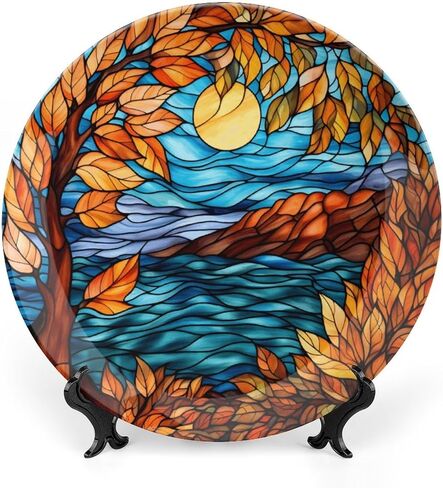 Decorative Plates, Stained Glass Design Fall Tree Landscape Ceramic Dinner Plate Home Wobble-Plate with Display Stand, Autumn Wall Hanging Decor for Living Dining Room Kitchen Household 8 Inch in Kuwait