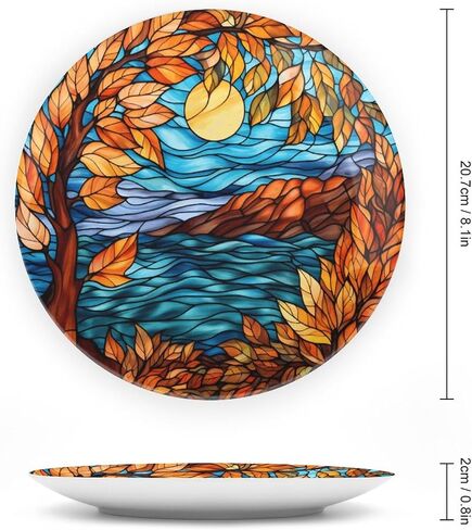 Decorative Plates, Stained Glass Design Fall Tree Landscape Ceramic Dinner Plate Home Wobble-Plate with Display Stand, Autumn Wall Hanging Decor for Living Dining Room Kitchen Household 8 Inch in Kuwait