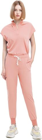 Women's Scrubs Set:Slim Fit Jogger Pant and Mandarin Collar Tuck-in Top,Unisex Easy Care Uniform for Doctors,Nurses in Kuwait