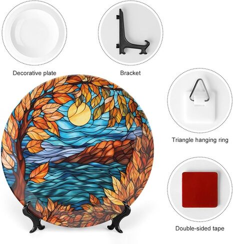 Decorative Plates, Stained Glass Design Fall Tree Landscape Ceramic Dinner Plate Home Wobble-Plate with Display Stand, Autumn Wall Hanging Decor for Living Dining Room Kitchen Household 8 Inch in Kuwait