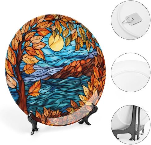 Decorative Plates, Stained Glass Design Fall Tree Landscape Ceramic Dinner Plate Home Wobble-Plate with Display Stand, Autumn Wall Hanging Decor for Living Dining Room Kitchen Household 8 Inch in Kuwait