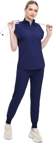 Women's Scrubs Set:Slim Fit Jogger Pant and Mandarin Collar Tuck-in Top,Unisex Easy Care Uniform for Doctors,Nurses in Kuwait