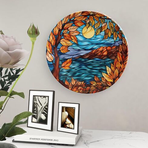 Decorative Plates, Stained Glass Design Fall Tree Landscape Ceramic Dinner Plate Home Wobble-Plate with Display Stand, Autumn Wall Hanging Decor for Living Dining Room Kitchen Household 8 Inch in Kuwait