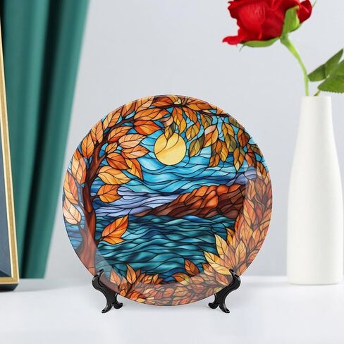 Decorative Plates, Stained Glass Design Fall Tree Landscape Ceramic Dinner Plate Home Wobble-Plate with Display Stand, Autumn Wall Hanging Decor for Living Dining Room Kitchen Household 8 Inch in Kuwait