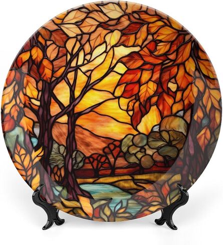 Decorative Plates, Stained Glass Design Fall Tree Landscape Ceramic Dinner Plate Home Wobble-Plate with Display Stand, Autumn Wall Hanging Decor for Living Dining Room Kitchen Household 8 Inch in Kuwait