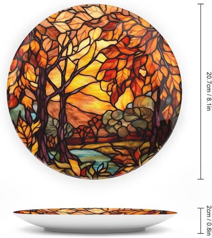 Decorative Plates, Stained Glass Design Fall Tree Landscape Ceramic Dinner Plate Home Wobble-Plate with Display Stand, Autumn Wall Hanging Decor for Living Dining Room Kitchen Household 8 Inch in Kuwait