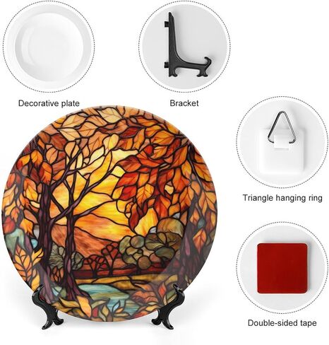 Decorative Plates, Stained Glass Design Fall Tree Landscape Ceramic Dinner Plate Home Wobble-Plate with Display Stand, Autumn Wall Hanging Decor for Living Dining Room Kitchen Household 8 Inch in Kuwait