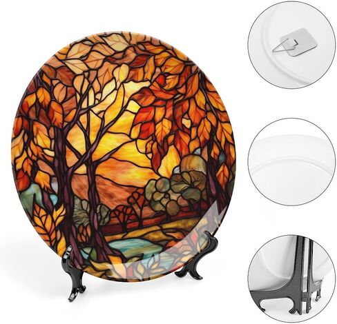 Decorative Plates, Stained Glass Design Fall Tree Landscape Ceramic Dinner Plate Home Wobble-Plate with Display Stand, Autumn Wall Hanging Decor for Living Dining Room Kitchen Household 8 Inch in Kuwait