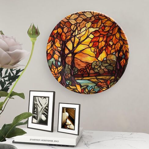 Decorative Plates, Stained Glass Design Fall Tree Landscape Ceramic Dinner Plate Home Wobble-Plate with Display Stand, Autumn Wall Hanging Decor for Living Dining Room Kitchen Household 8 Inch in Kuwait