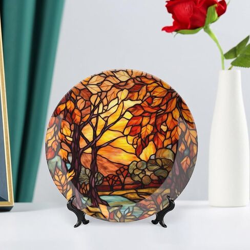 Decorative Plates, Stained Glass Design Fall Tree Landscape Ceramic Dinner Plate Home Wobble-Plate with Display Stand, Autumn Wall Hanging Decor for Living Dining Room Kitchen Household 8 Inch in Kuwait