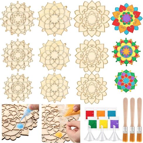 9 Pcs 7" 9" 11" Diwali Rangoli Mats for Decoration Wooden Rangoli Stencils DIY Floral Diwali Party Decorative Plates Wood Mandala Kit with Sand for Home Festivals Supplies (Style 2) in Saudi Arabia