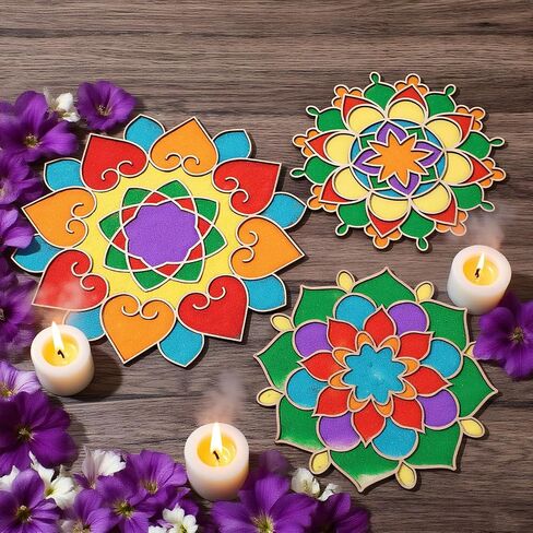 9 Pcs 7" 9" 11" Diwali Rangoli Mats for Decoration Wooden Rangoli Stencils DIY Floral Diwali Party Decorative Plates Wood Mandala Kit with Sand for Home Festivals Supplies (Style 2) in Saudi Arabia