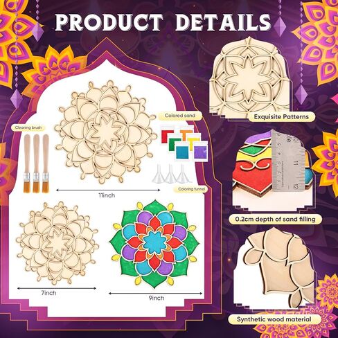 9 Pcs 7" 9" 11" Diwali Rangoli Mats for Decoration Wooden Rangoli Stencils DIY Floral Diwali Party Decorative Plates Wood Mandala Kit with Sand for Home Festivals Supplies (Style 2) in Saudi Arabia