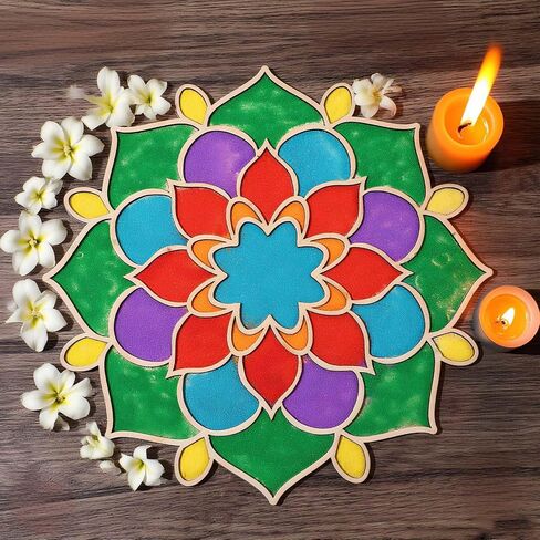9 Pcs 7" 9" 11" Diwali Rangoli Mats for Decoration Wooden Rangoli Stencils DIY Floral Diwali Party Decorative Plates Wood Mandala Kit with Sand for Home Festivals Supplies (Style 2) in Saudi Arabia