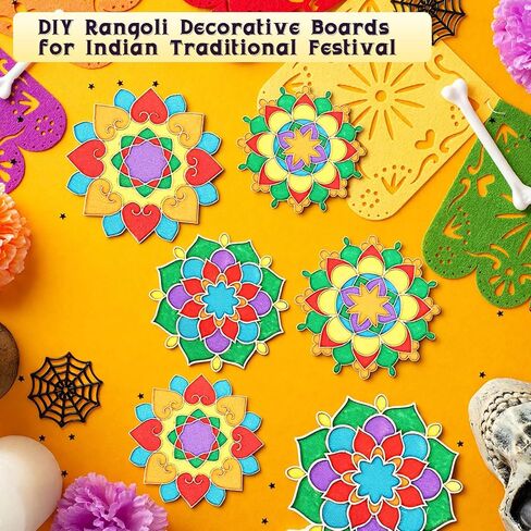 9 Pcs 7" 9" 11" Diwali Rangoli Mats for Decoration Wooden Rangoli Stencils DIY Floral Diwali Party Decorative Plates Wood Mandala Kit with Sand for Home Festivals Supplies (Style 2) in Saudi Arabia