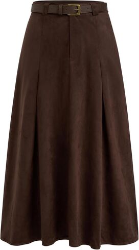 CIDER Womens Faux Suede Maxi Skirts Pleated High Waist A-Line Skirt with Belt Vintage Going Out Outfit Fall Trendy in Saudi Arabia