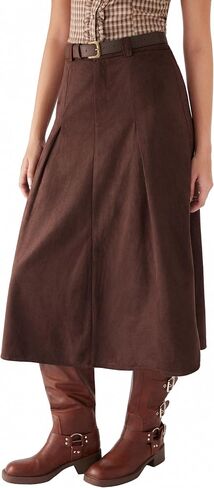CIDER Womens Faux Suede Maxi Skirts Pleated High Waist A-Line Skirt with Belt Vintage Going Out Outfit Fall Trendy in Saudi Arabia