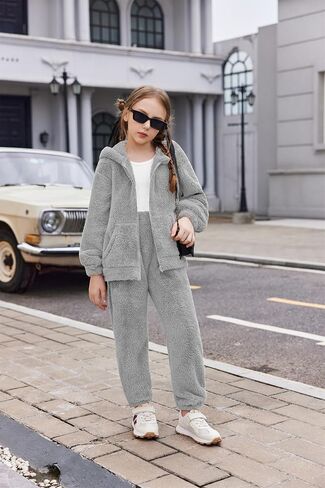 Arshiner Girls 2 قطعة غامضة مجموعة مع غطاء الدب الأذن وسروال الركض zip up sweatshirt لأزياء الخريف الشتاء 5-13 سنة in Saudi Arabia