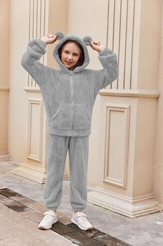 Arshiner Girls 2 قطعة غامضة مجموعة مع غطاء الدب الأذن وسروال الركض zip up sweatshirt لأزياء الخريف الشتاء 5-13 سنة in Saudi Arabia