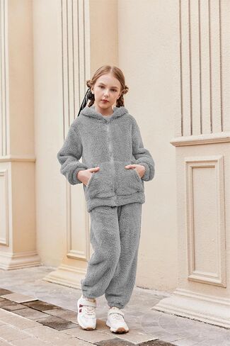 Arshiner Girls 2 قطعة غامضة مجموعة مع غطاء الدب الأذن وسروال الركض zip up sweatshirt لأزياء الخريف الشتاء 5-13 سنة in Saudi Arabia