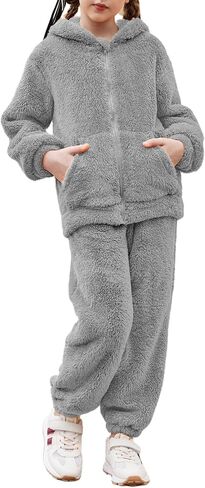 Arshiner Girls 2 قطعة غامضة مجموعة مع غطاء الدب الأذن وسروال الركض zip up sweatshirt لأزياء الخريف الشتاء 5-13 سنة in Saudi Arabia
