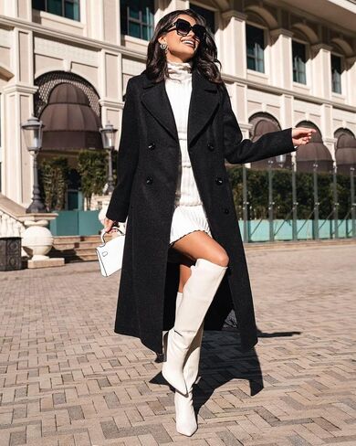 شييفا المرأة الطويلة معطف الصوف الشتاء من شتاء طية صدر السترة مزدوجة الصدر معطف خندق البازلاء مع جيوب in Kuwait