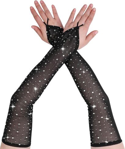 Fingerless Rhinestone Long Gloves, Sparkly Rhinestone Long Mesh Gloves Elbow Length Longs Tulle Mesh Glove in Saudi Arabia