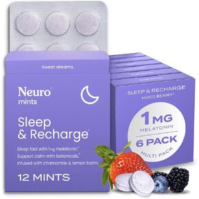 نوم Neurogum وإعادة شحن Meltaway Mints | 1mg melatonin + Chamomile + Elderberry + Lemon Balm + Passion Flower | مكملات الاستراحة الطبيعية خالية من السكر (التوت المختلط ، 72 قطعة) in Kuwait