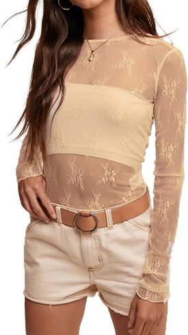 A Agroste Women's Mesh Long Sleeve Top Sexy See من خلال بلوزة الدانتيل مع تطريز الأزهار Y2K قميص رقبة الطاقم in Kuwait