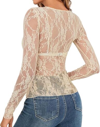 A Agroste Women's Mesh Long Sleeve Top Sexy See من خلال بلوزة الدانتيل مع تطريز الأزهار Y2K قميص رقبة الطاقم in Kuwait