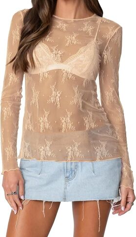 A Agroste Women's Mesh Long Sleeve Top Sexy See من خلال بلوزة الدانتيل مع تطريز الأزهار Y2K قميص رقبة الطاقم in Kuwait