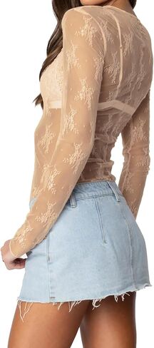 A Agroste Women's Mesh Long Sleeve Top Sexy See من خلال بلوزة الدانتيل مع تطريز الأزهار Y2K قميص رقبة الطاقم in Kuwait