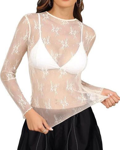 A Agroste Women's Mesh Long Sleeve Top Sexy See من خلال بلوزة الدانتيل مع تطريز الأزهار Y2K قميص رقبة الطاقم in Kuwait