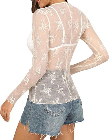 A Agroste Women's Mesh Long Sleeve Top Sexy See من خلال بلوزة الدانتيل مع تطريز الأزهار Y2K قميص رقبة الطاقم in Kuwait