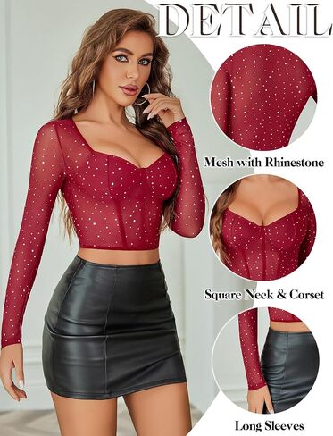 Avidlove Women Mesh Tops Long Sleeve Sparkle Crop Top Square Neck Y2K Date Night Outfits S-XXL in Saudi Arabia