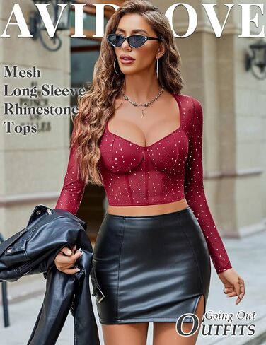 Avidlove Women Mesh Tops Long Sleeve Sparkle Crop Top Square Neck Y2K Date Night Outfits S-XXL in Saudi Arabia