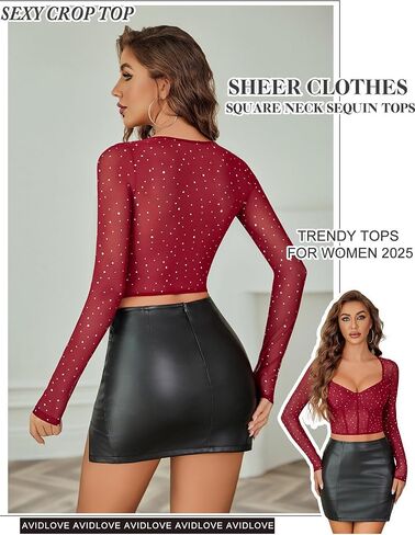 Avidlove Women Mesh Tops Long Sleeve Sparkle Crop Top Square Neck Y2K Date Night Outfits S-XXL in Saudi Arabia