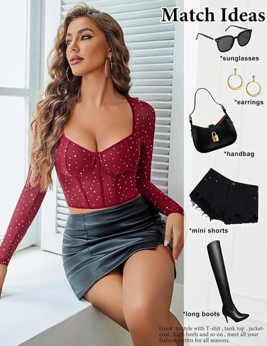 Avidlove Women Mesh Tops Long Sleeve Sparkle Crop Top Square Neck Y2K Date Night Outfits S-XXL in Saudi Arabia