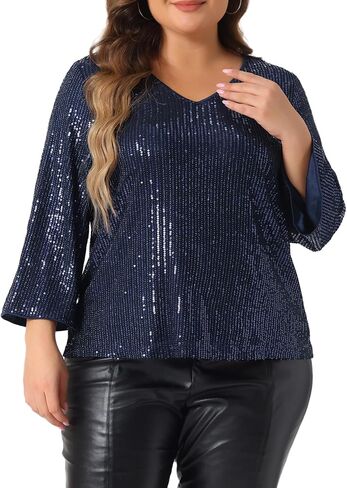 Agnes Orinda Plus Size Sequin Top for Women 3/4 Sleeve v Neck Glitter Sparkle Shimmer Party Disco Club Club Club Club in Saudi Arabia