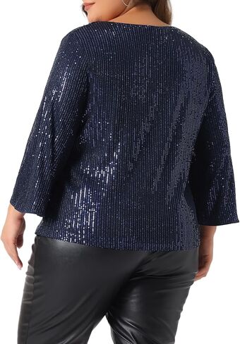 Agnes Orinda Plus Size Sequin Top for Women 3/4 Sleeve v Neck Glitter Sparkle Shimmer Party Disco Club Club Club Club in Saudi Arabia